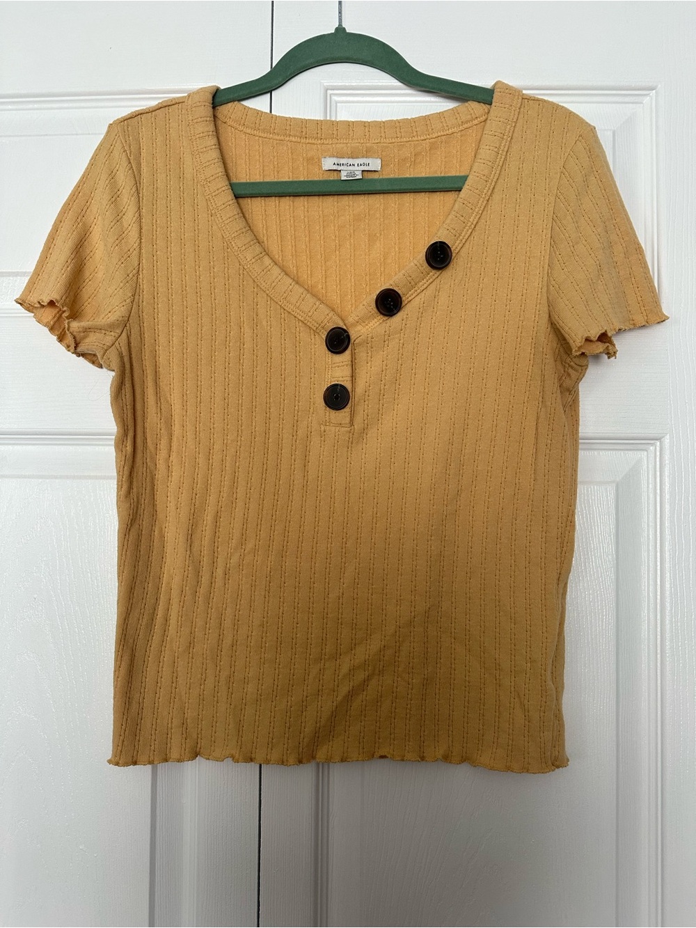 American Eagle Outfitters Short Sleeve Ribbed Top in Mustard Yellow